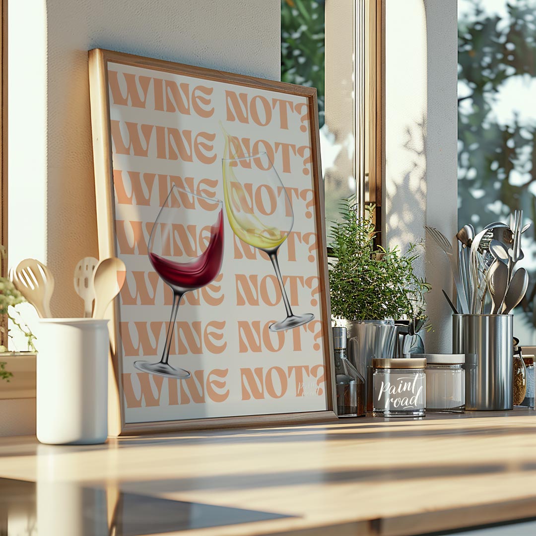 A fun and playful graphic design featuring two wine glasses clinking together with the phrase "Wine… for kitchen