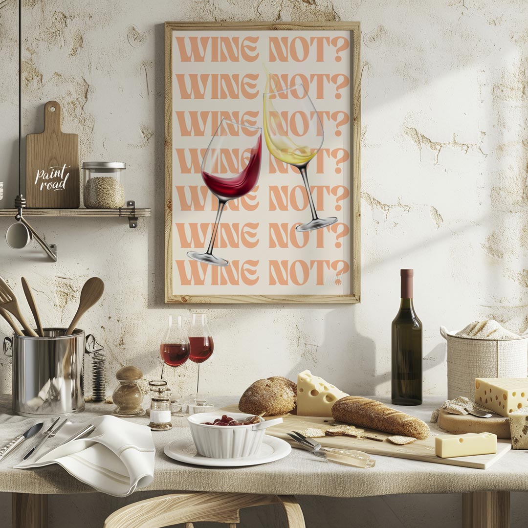 A fun and playful graphic design featuring two wine glasses clinking together with the phrase "Wine… for kitchen