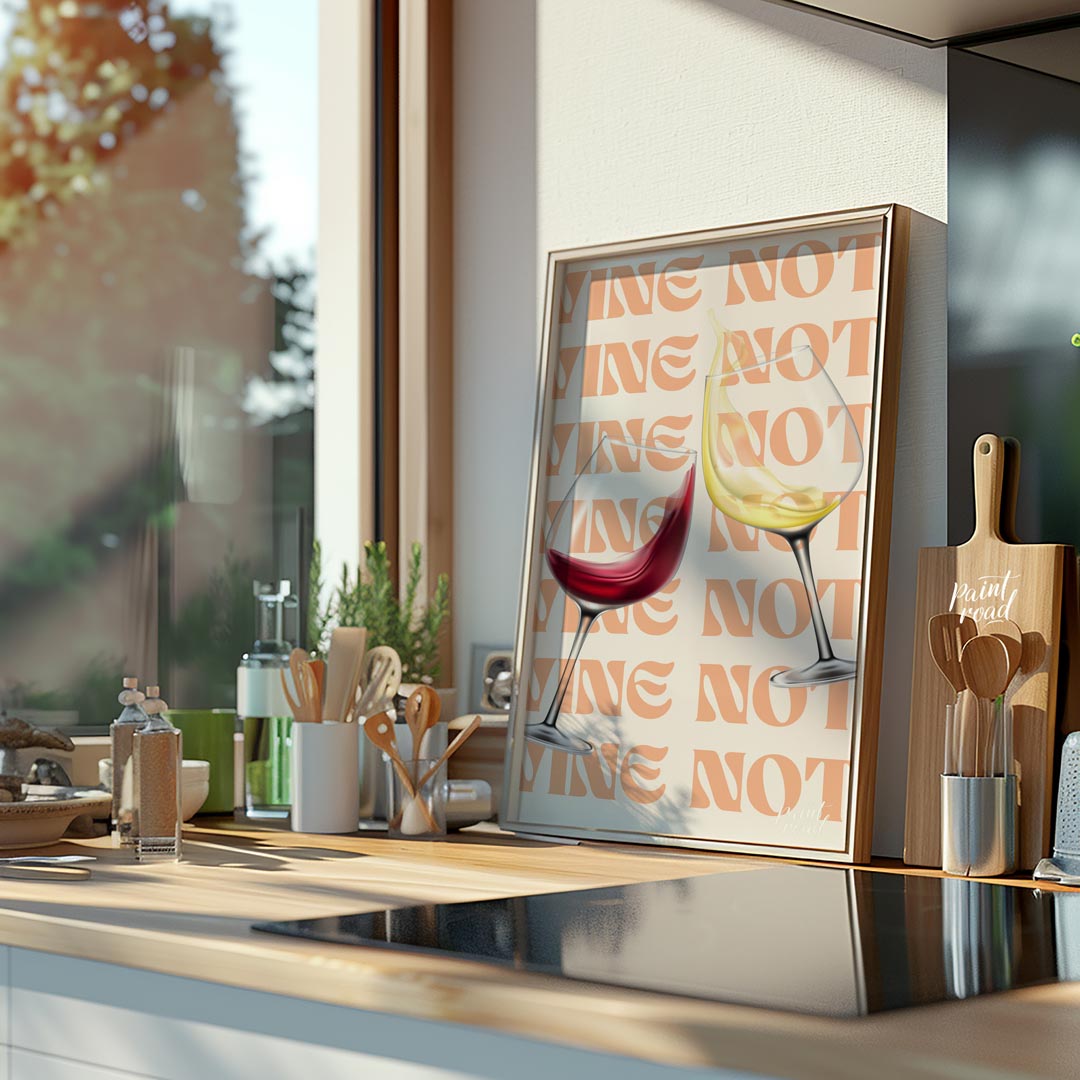 A fun and playful graphic design featuring two wine glasses clinking together with the phrase "Wine… for kitchen