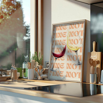 A fun and playful graphic design featuring two wine glasses clinking together with the phrase "Wine… for kitchen
