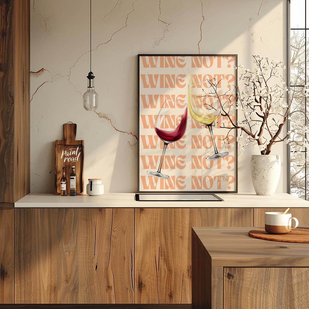 A fun and playful graphic design featuring two wine glasses clinking together with the phrase "Wine… for kitchen