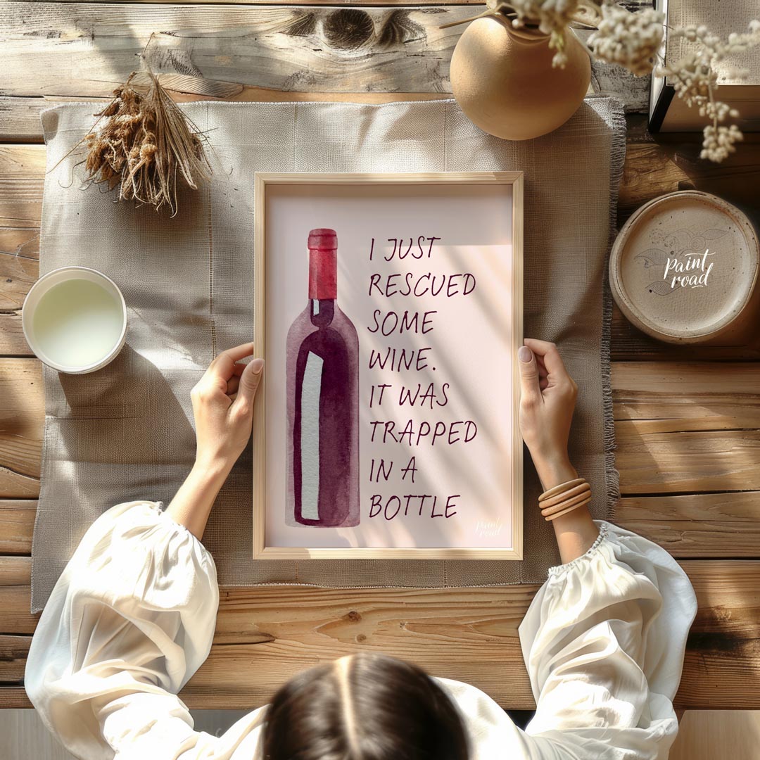 A whimsical watercolor illustration featuring a bottle of red wine with the witty caption "I just r… for dining room