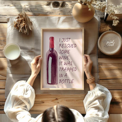 A whimsical watercolor illustration featuring a bottle of red wine with the witty caption "I just r… for dining room