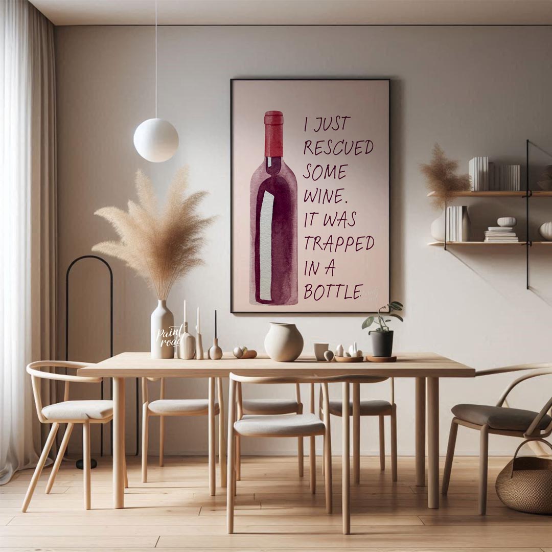 A whimsical watercolor illustration featuring a bottle of red wine with the witty caption "I just r… for dining room