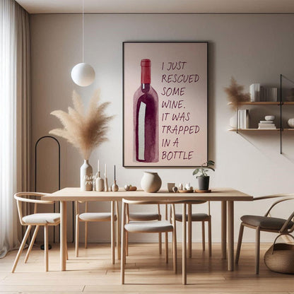 A whimsical watercolor illustration featuring a bottle of red wine with the witty caption "I just r… for dining room