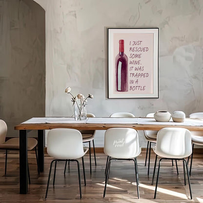 A whimsical watercolor illustration featuring a bottle of red wine with the witty caption "I just r… for dining room