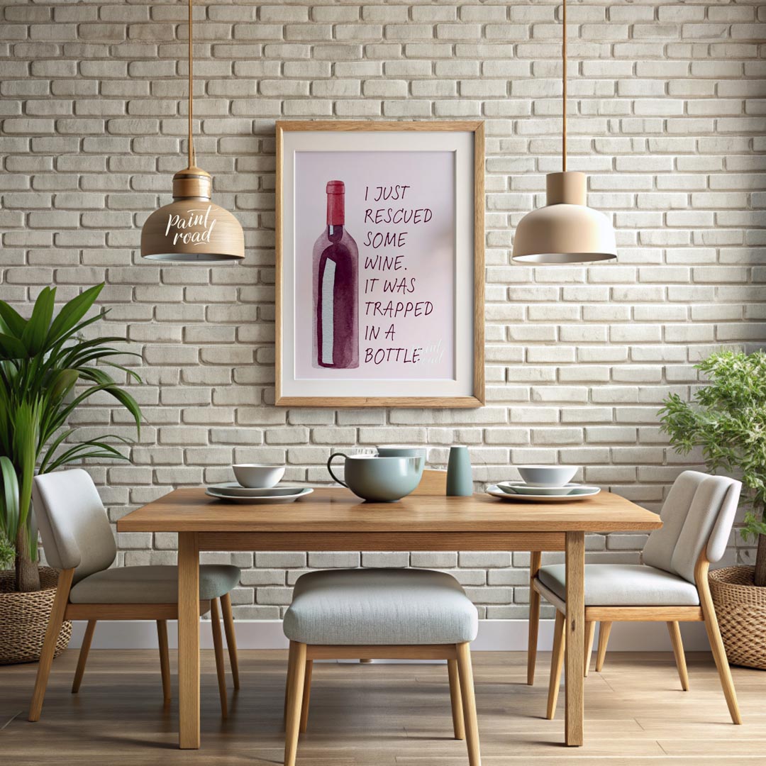 A whimsical watercolor illustration featuring a bottle of red wine with the witty caption "I just r… for dining room