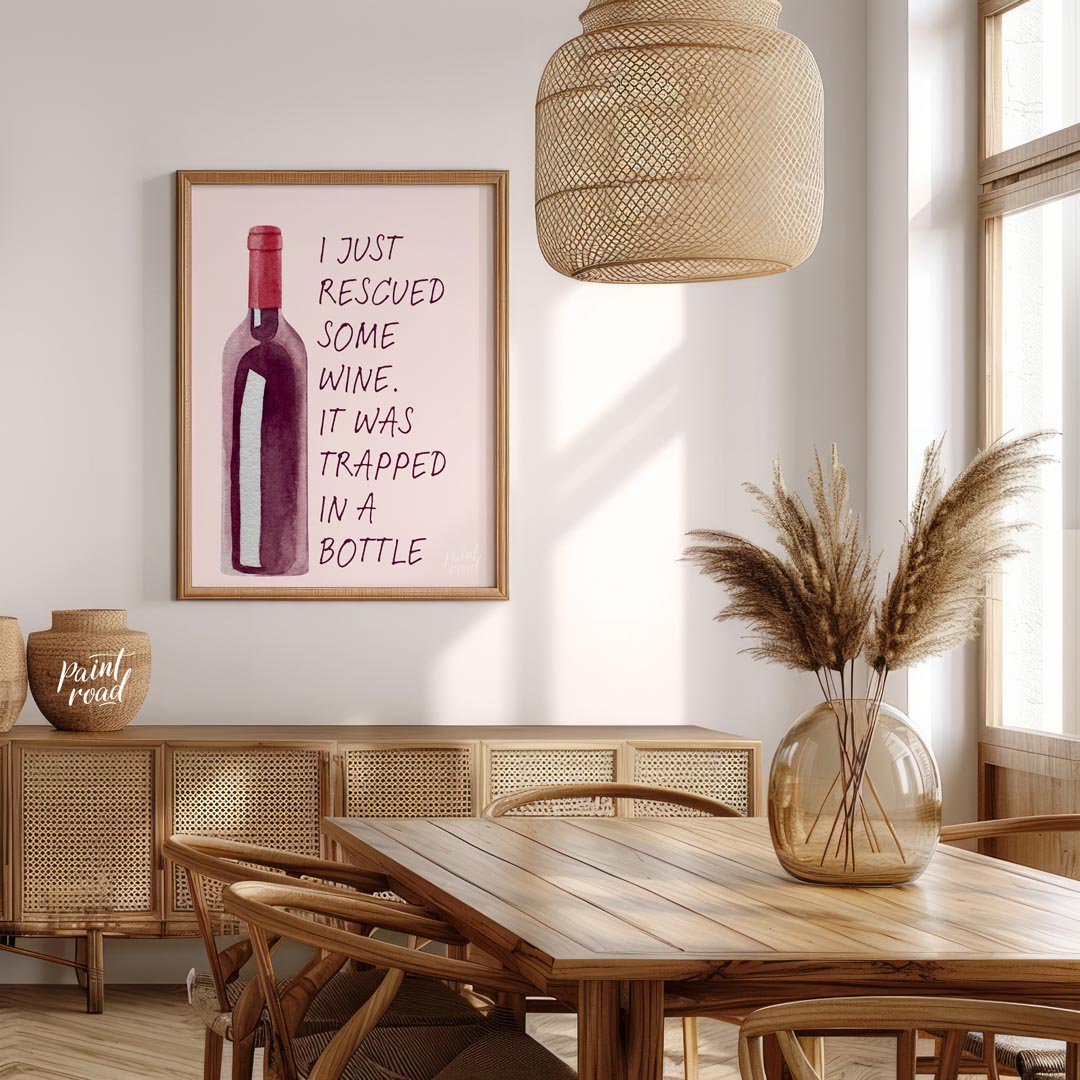 A whimsical watercolor illustration featuring a bottle of red wine with the witty caption "I just r… for dining room