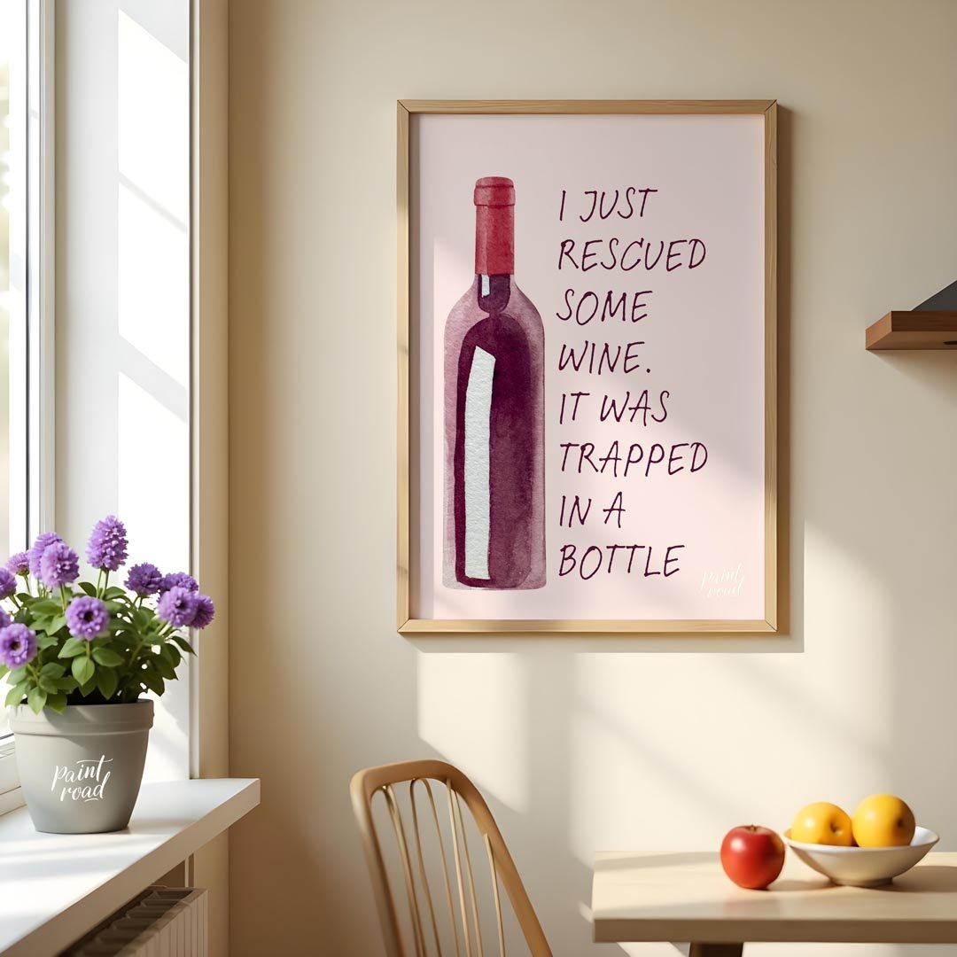 A whimsical watercolor illustration featuring a bottle of red wine with the witty caption "I just r… for kitchen