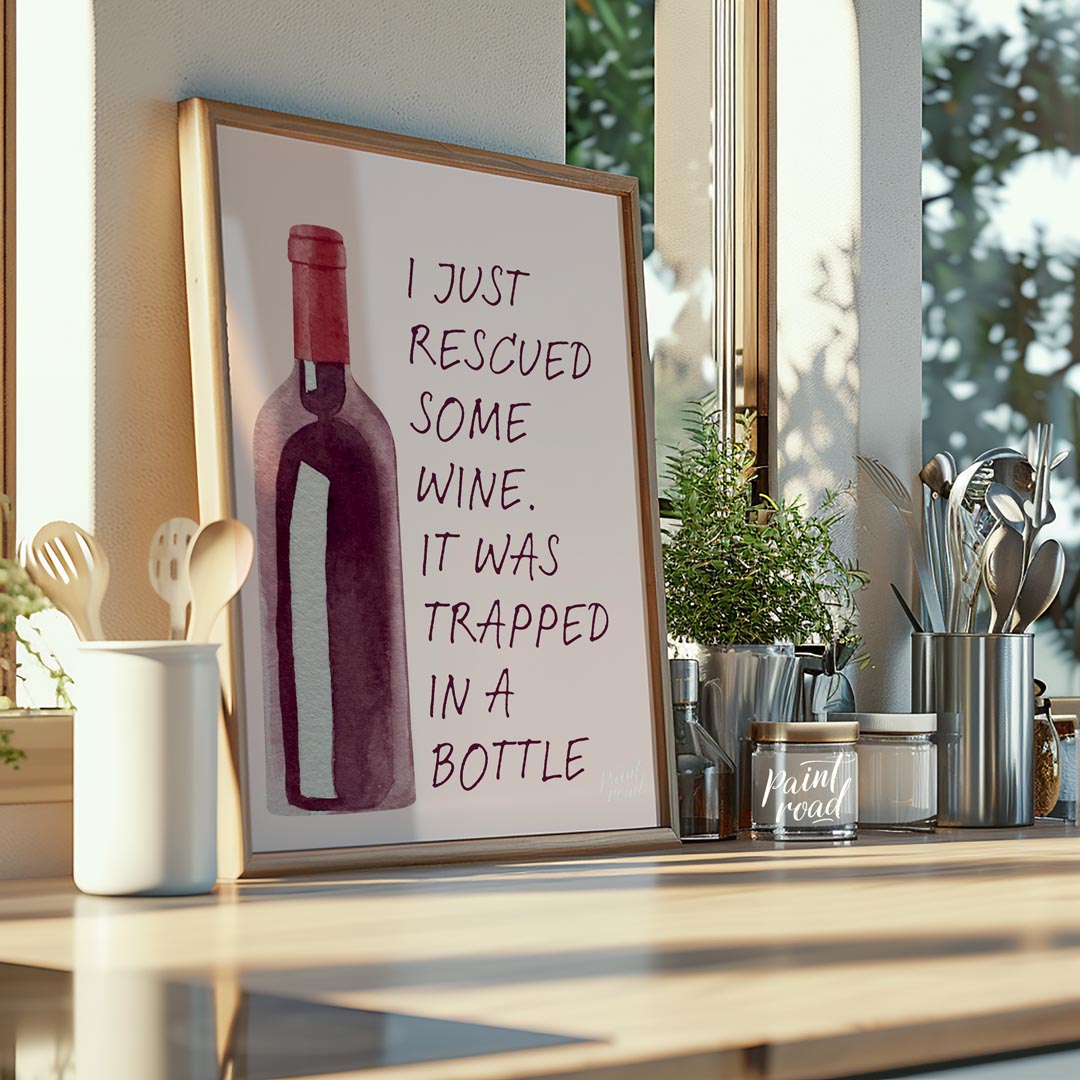 A whimsical watercolor illustration featuring a bottle of red wine with the witty caption "I just r… for kitchen