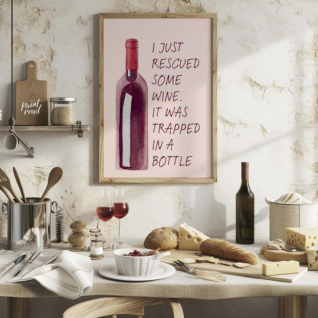 A whimsical watercolor illustration featuring a bottle of red wine with the witty caption "I just r… for kitchen