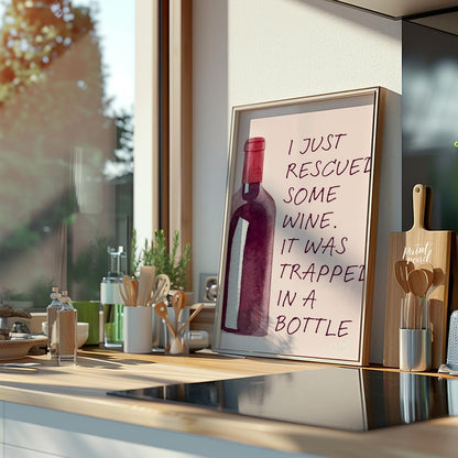 A whimsical watercolor illustration featuring a bottle of red wine with the witty caption "I just r… for kitchen