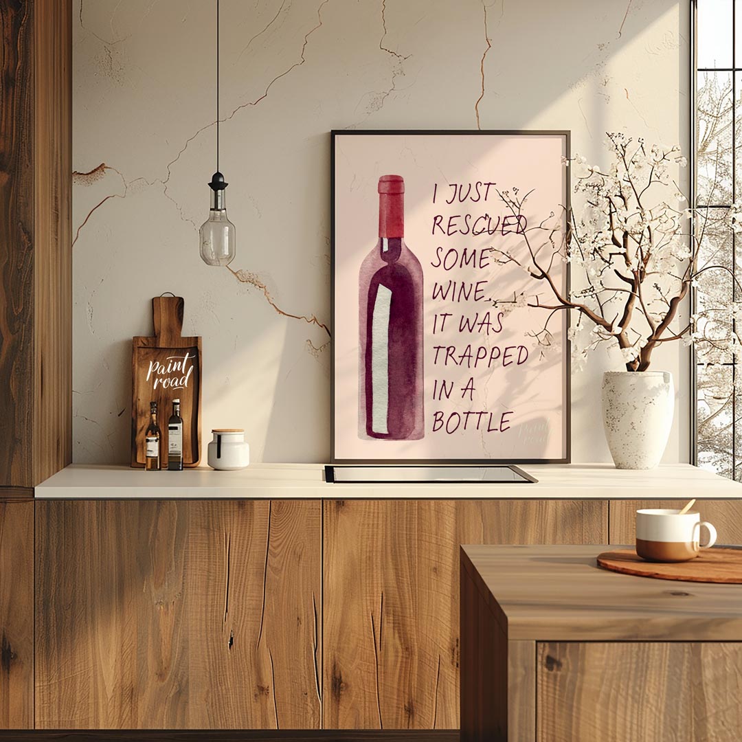 A whimsical watercolor illustration featuring a bottle of red wine with the witty caption "I just r… for kitchen