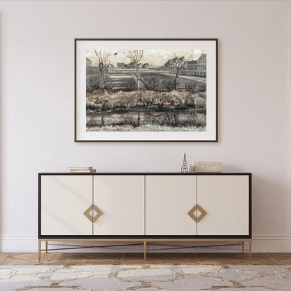Experience the serene beauty of a quiet winter scene with this exquisite artwork. The muted palette for Foyer