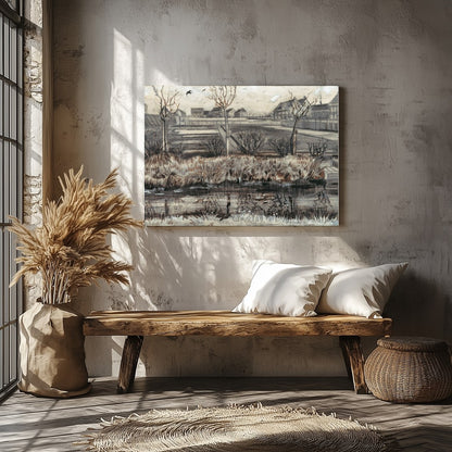 Experience the serene beauty of a quiet winter scene with this exquisite artwork. The muted palette for Veranda