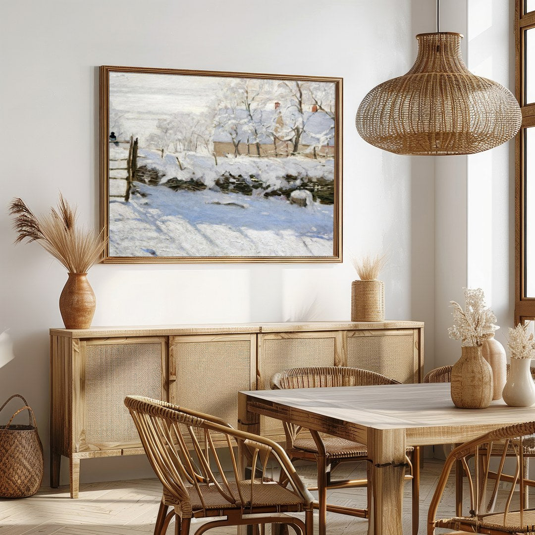 Experience the tranquil beauty of a snow-laden landscape with this exquisite painting. The soft for Dining