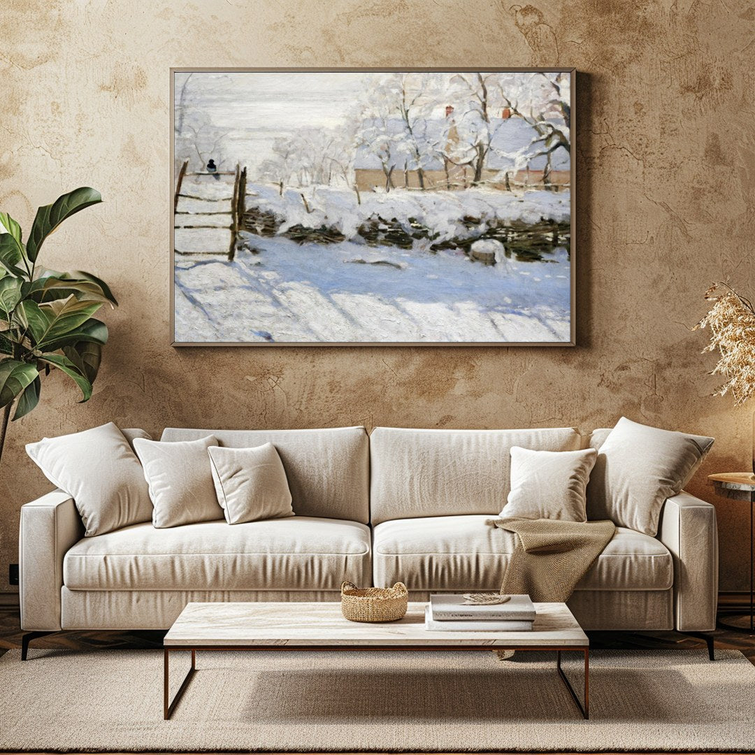 Experience the tranquil beauty of a snow-laden landscape with this exquisite painting. The soft for Family Room