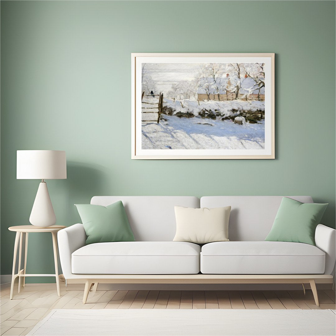 Experience the tranquil beauty of a snow-laden landscape with this exquisite painting. The soft for Hall