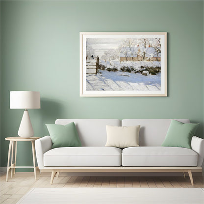 Experience the tranquil beauty of a snow-laden landscape with this exquisite painting. The soft for Hall