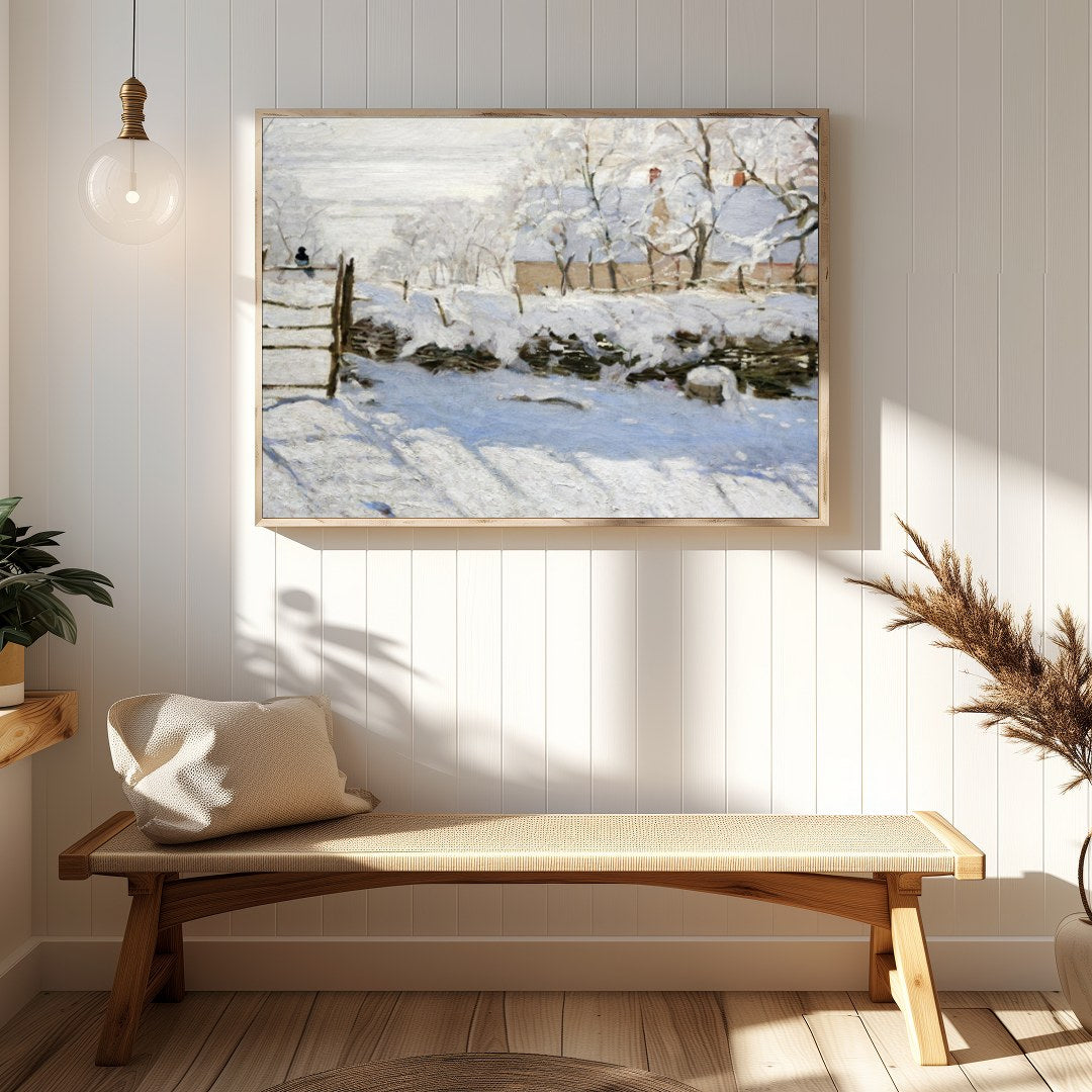 Experience the tranquil beauty of a snow-laden landscape with this exquisite painting. The soft for Hallway