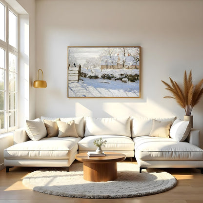 Experience the tranquil beauty of a snow-laden landscape with this exquisite painting. The soft for Living Room
