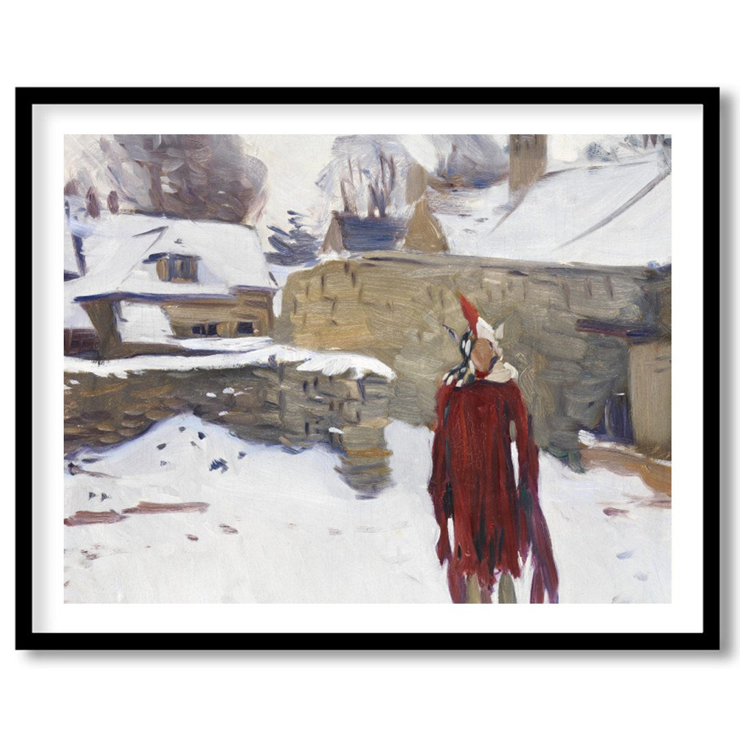 Immerse yourself in this captivating winter scene depicting a solitary figure in a striking red for abode