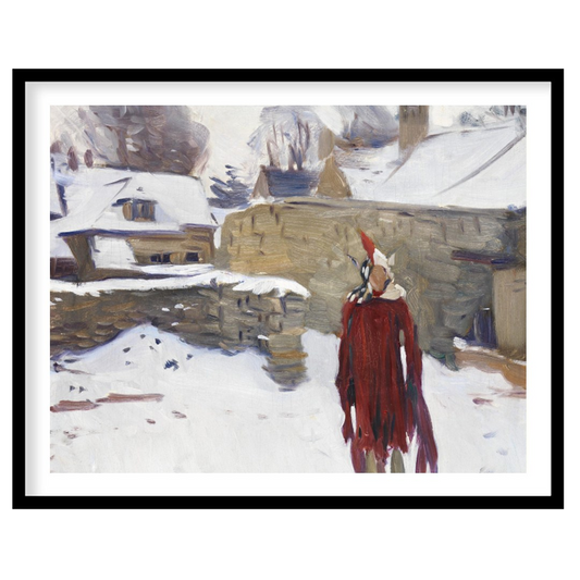 Immerse yourself in this captivating winter scene depicting a solitary figure in a striking red for abode