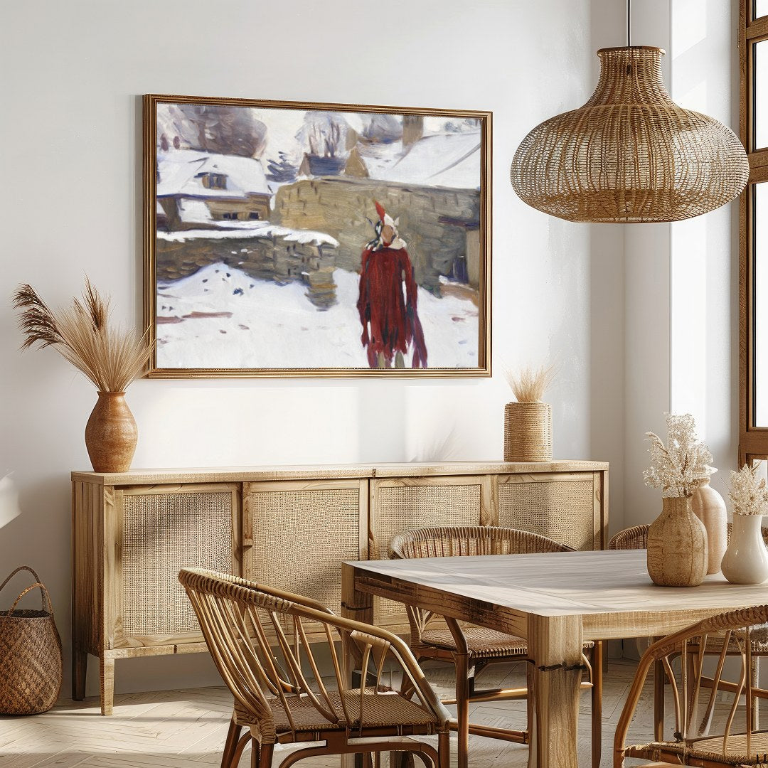 Immerse yourself in this captivating winter scene depicting a solitary figure in a striking red for Dining