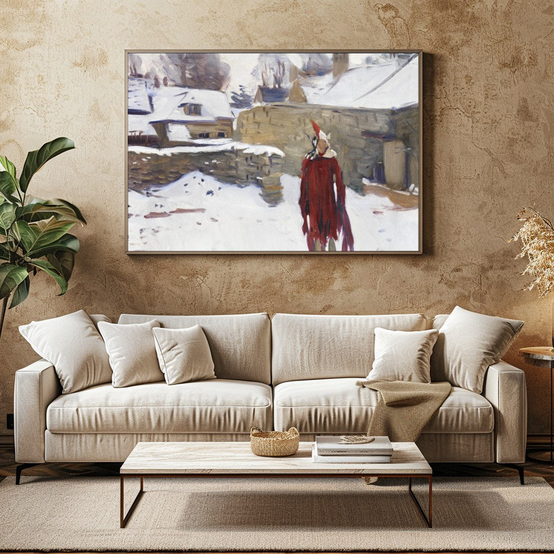 Immerse yourself in this captivating winter scene depicting a solitary figure in a striking red for Family Room