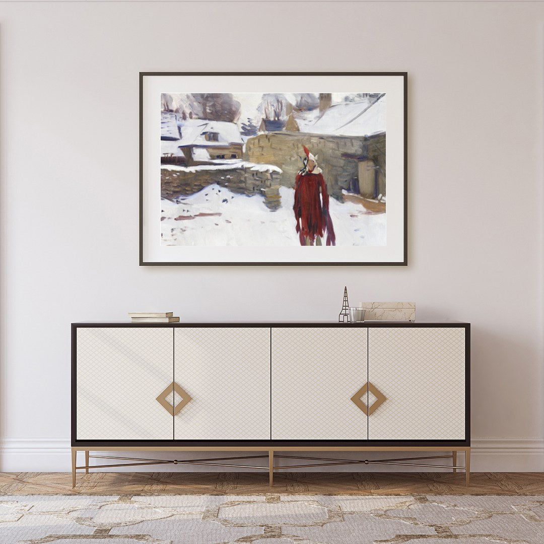 Immerse yourself in this captivating winter scene depicting a solitary figure in a striking red for Foyer