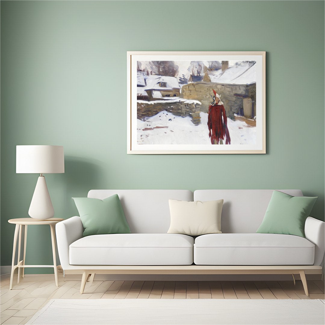 Immerse yourself in this captivating winter scene depicting a solitary figure in a striking red for Hall
