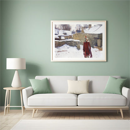 Immerse yourself in this captivating winter scene depicting a solitary figure in a striking red for Hall