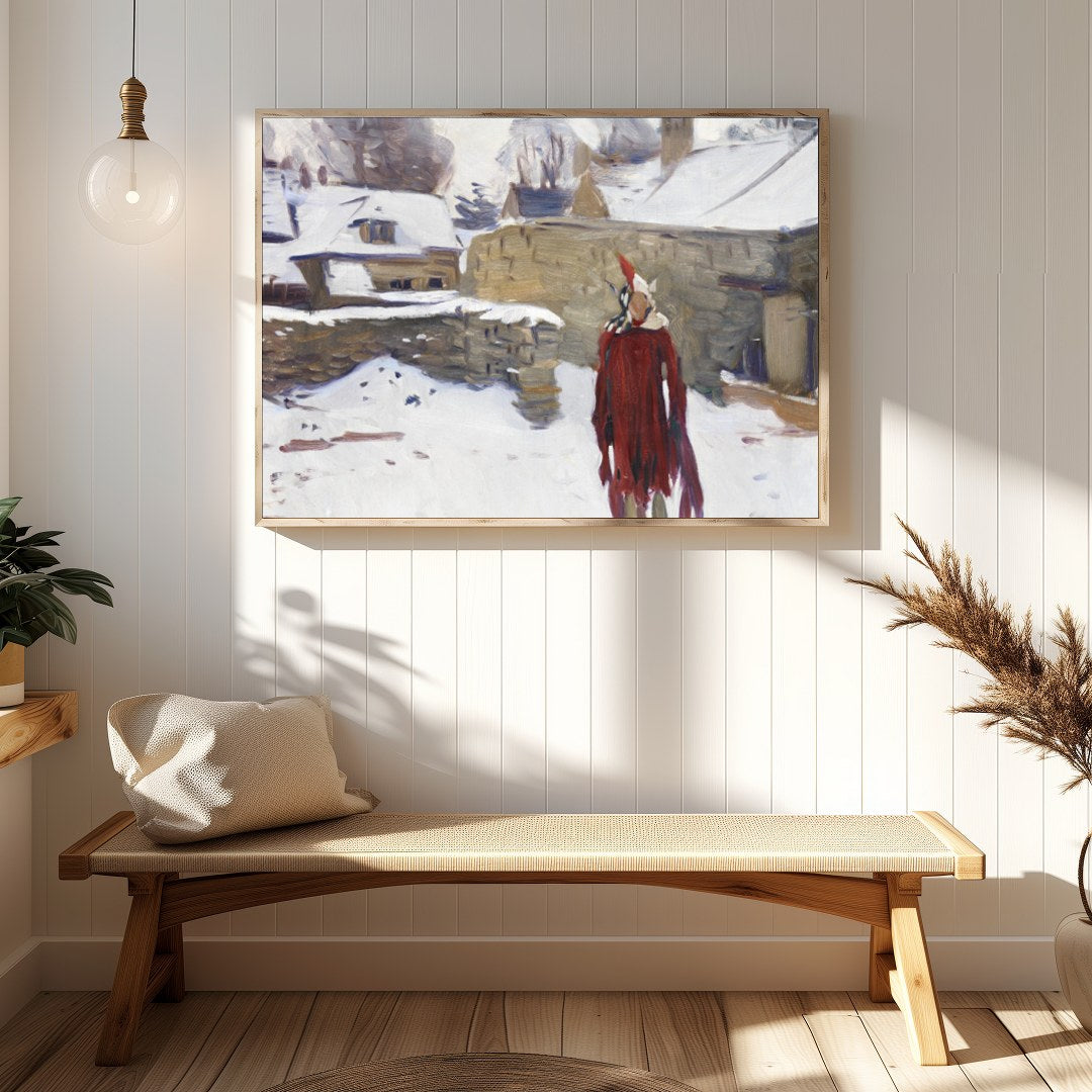 Immerse yourself in this captivating winter scene depicting a solitary figure in a striking red for Hallway
