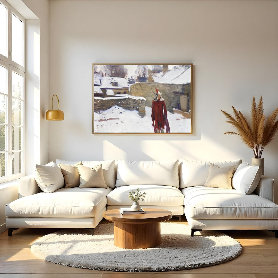 Immerse yourself in this captivating winter scene depicting a solitary figure in a striking red for Living Room