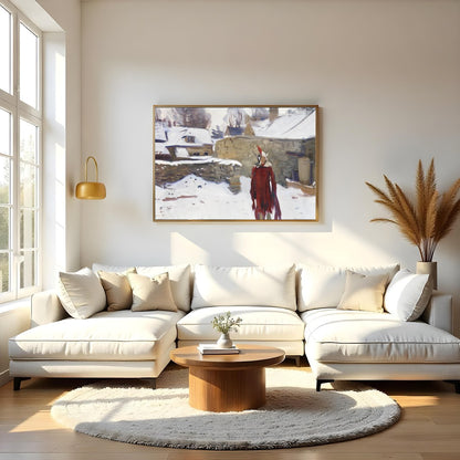 Immerse yourself in this captivating winter scene depicting a solitary figure in a striking red for Living Room
