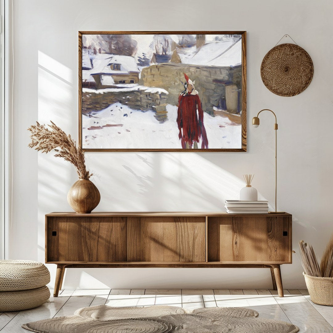 Immerse yourself in this captivating winter scene depicting a solitary figure in a striking red for Sitting Area