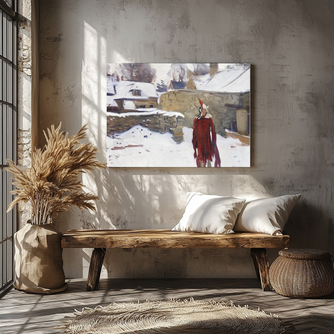 Immerse yourself in this captivating winter scene depicting a solitary figure in a striking red for Veranda