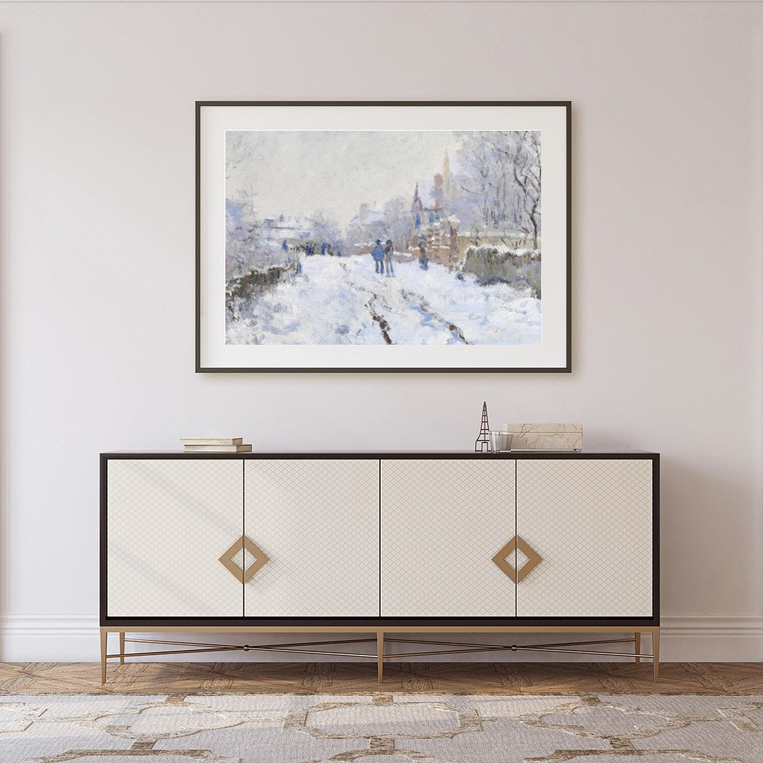 Immerse yourself in the serene beauty of a winter wonderland with this evocative piece. The artwork for Foyer