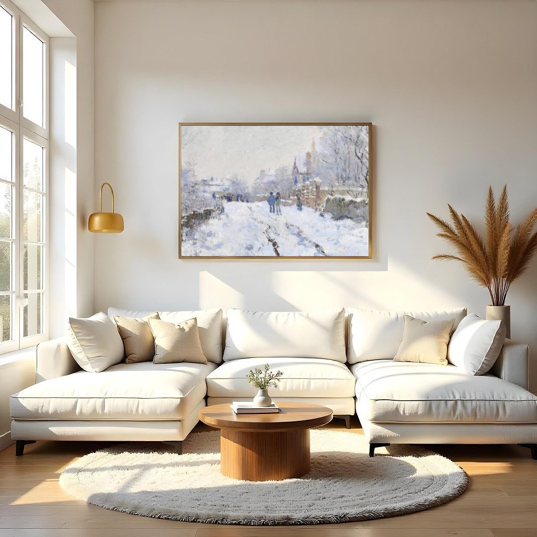 Immerse yourself in the serene beauty of a winter wonderland with this evocative piece. The artwork for Living Room