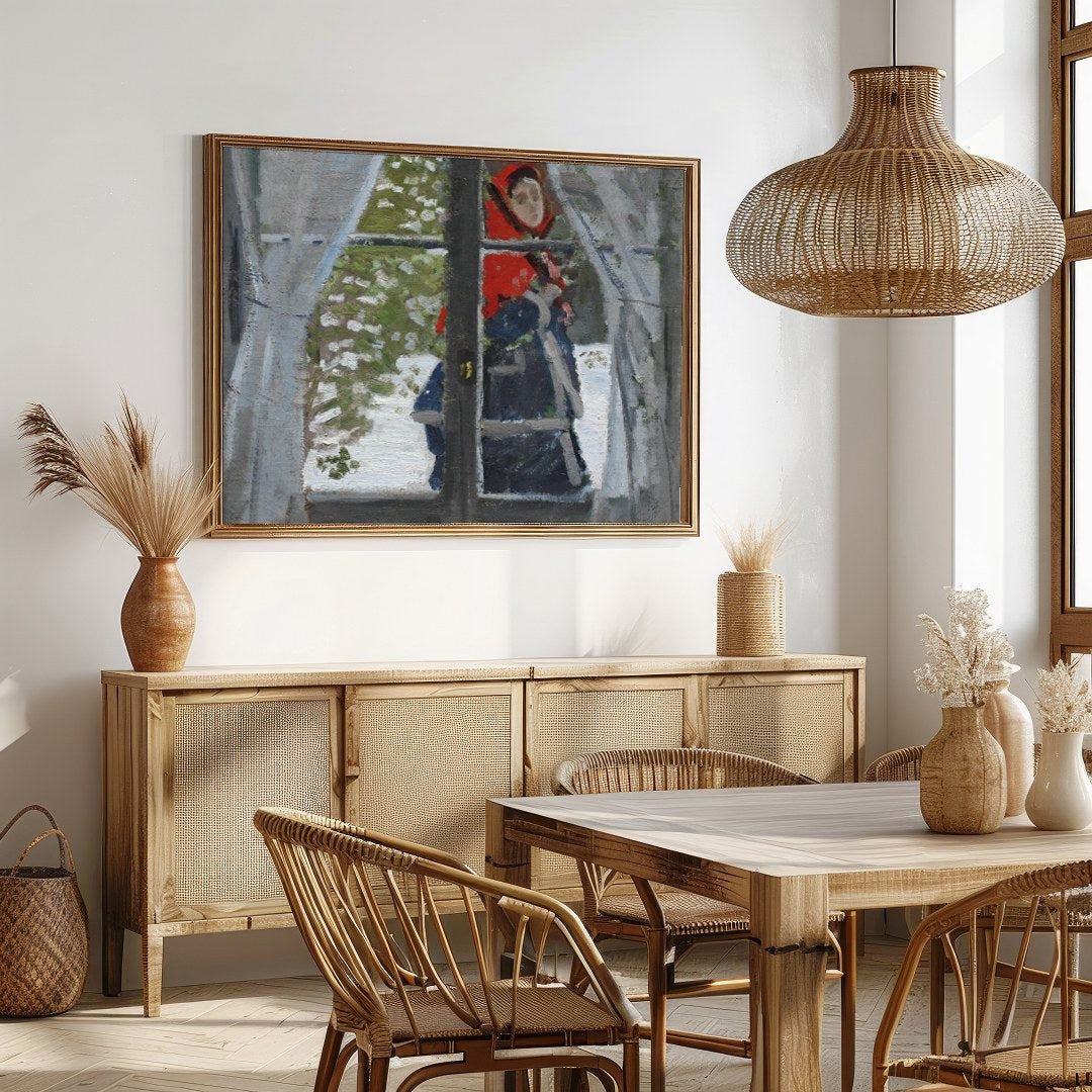 Capture a serene winter moment with this captivating artwork, depicting a figure cloaked in a for Dining