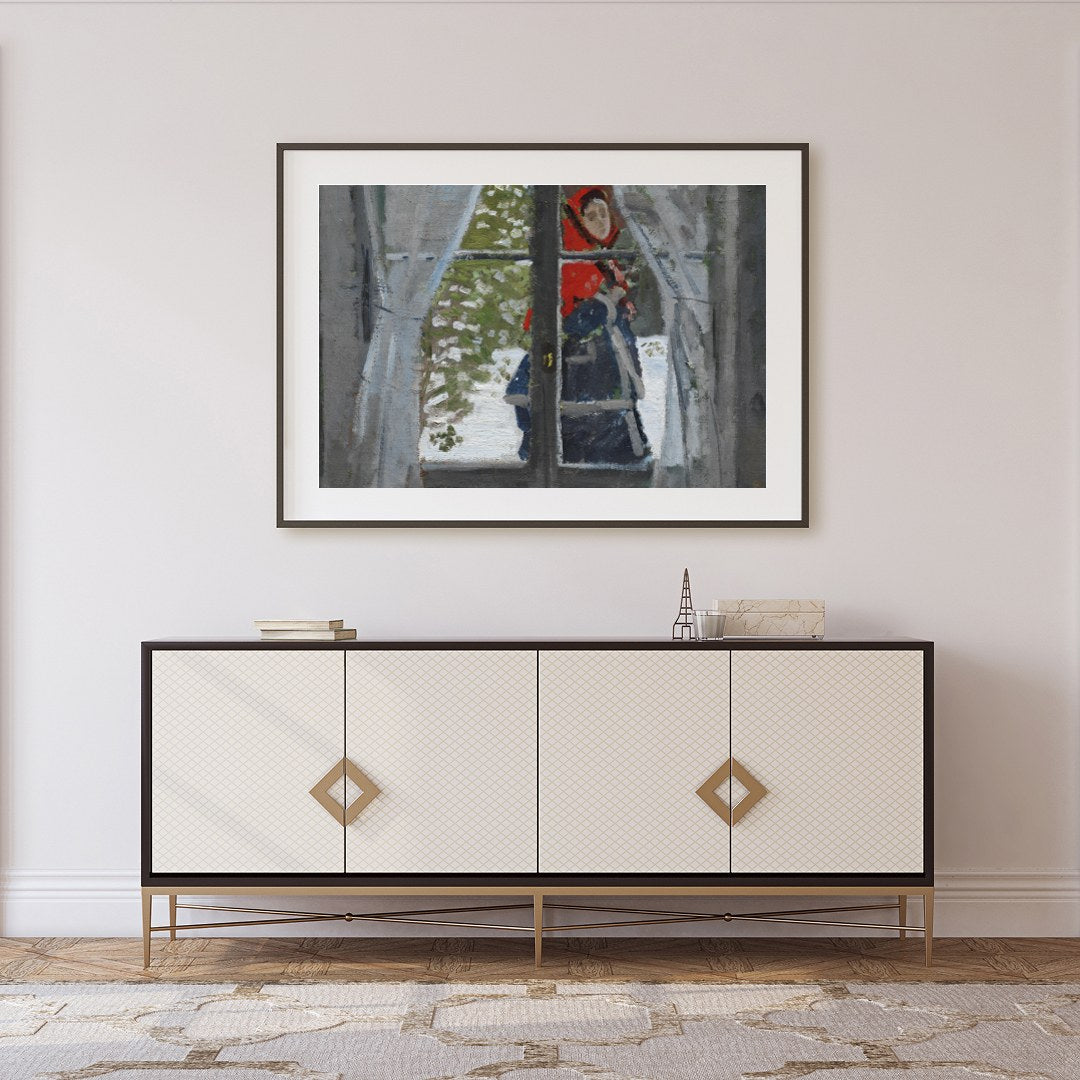 Capture a serene winter moment with this captivating artwork, depicting a figure cloaked in a for Foyer