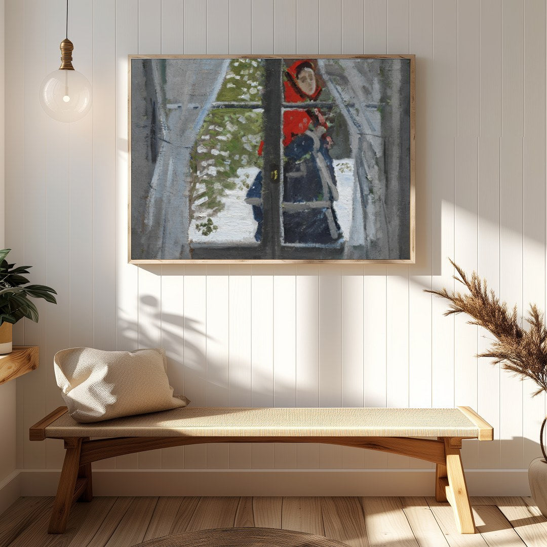 Capture a serene winter moment with this captivating artwork, depicting a figure cloaked in a for Hallway