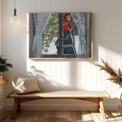 Capture a serene winter moment with this captivating artwork, depicting a figure cloaked in a for Hallway