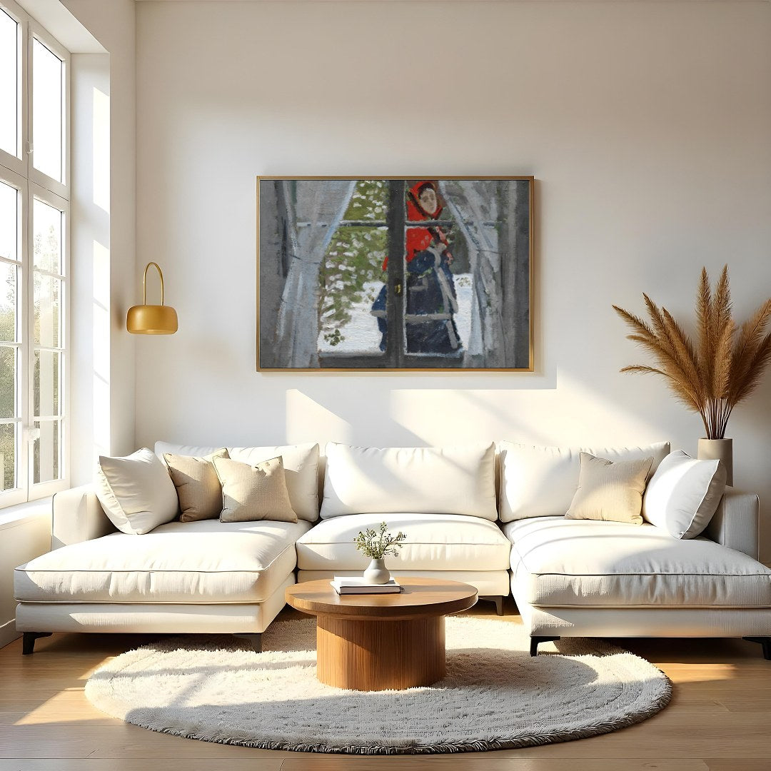 Capture a serene winter moment with this captivating artwork, depicting a figure cloaked in a for Living Room