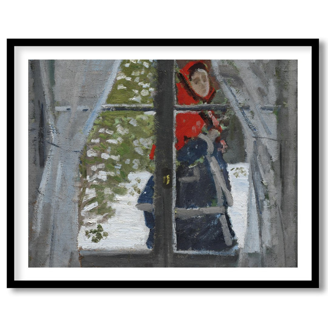 Capture a serene winter moment with this captivating artwork, depicting a figure cloaked in a for space