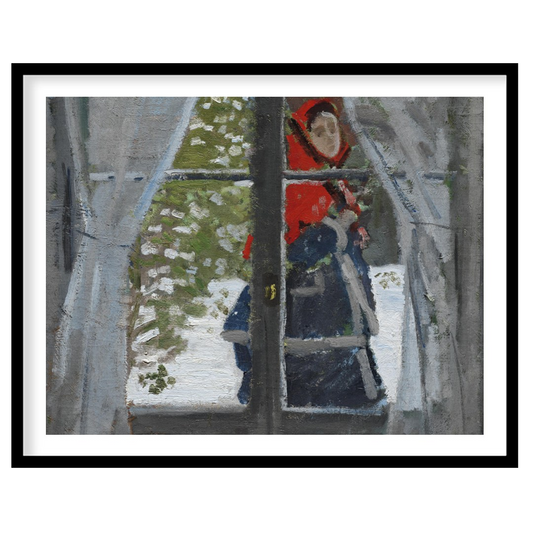 Capture a serene winter moment with this captivating artwork, depicting a figure cloaked in a for space