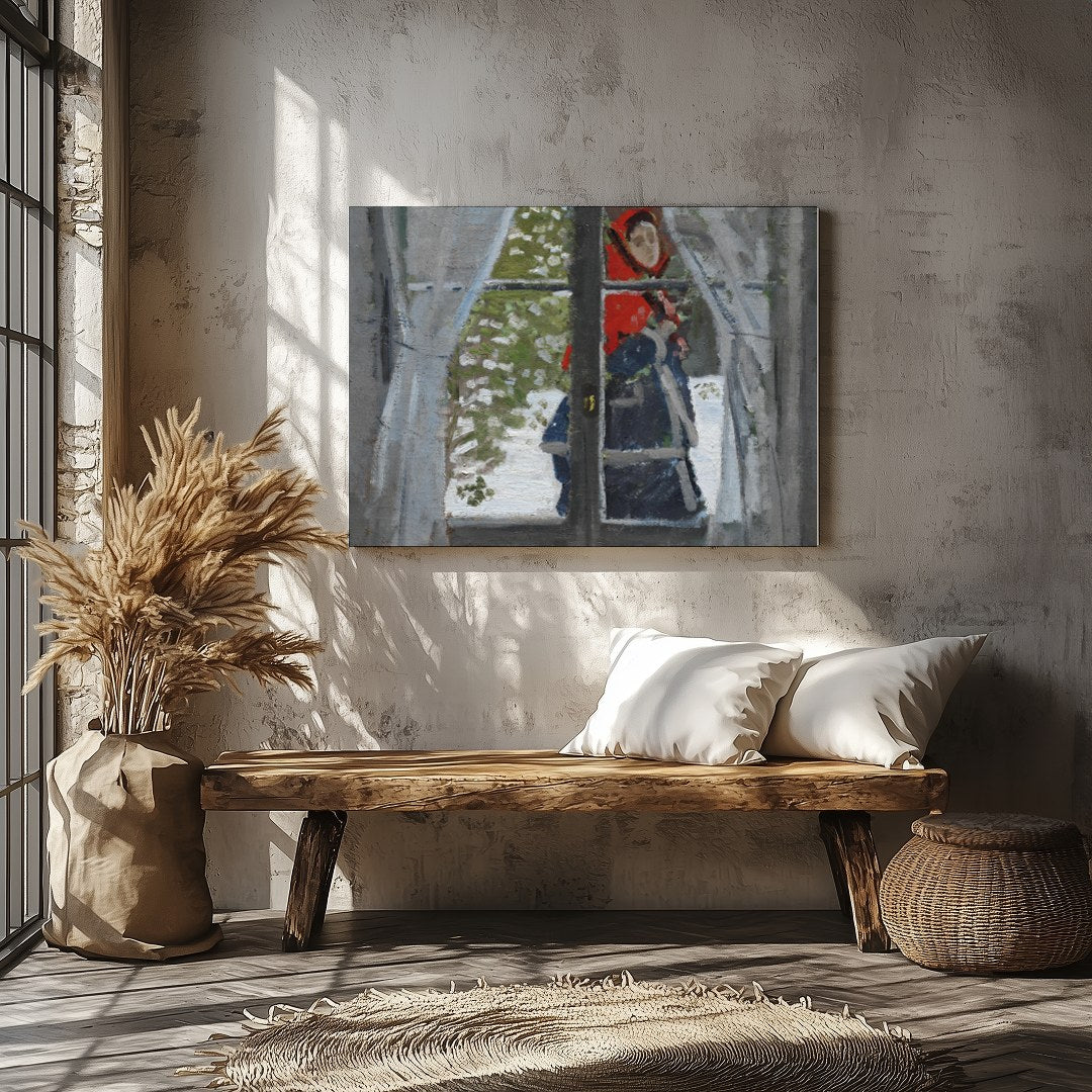Capture a serene winter moment with this captivating artwork, depicting a figure cloaked in a for Veranda