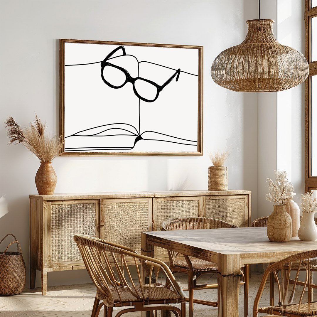 Embrace the intellectual elegance of this minimalist sketch featuring an open book adorned with for Dining
