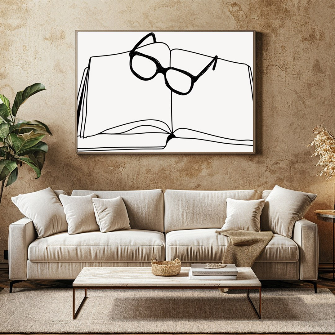 Embrace the intellectual elegance of this minimalist sketch featuring an open book adorned with for Family Room
