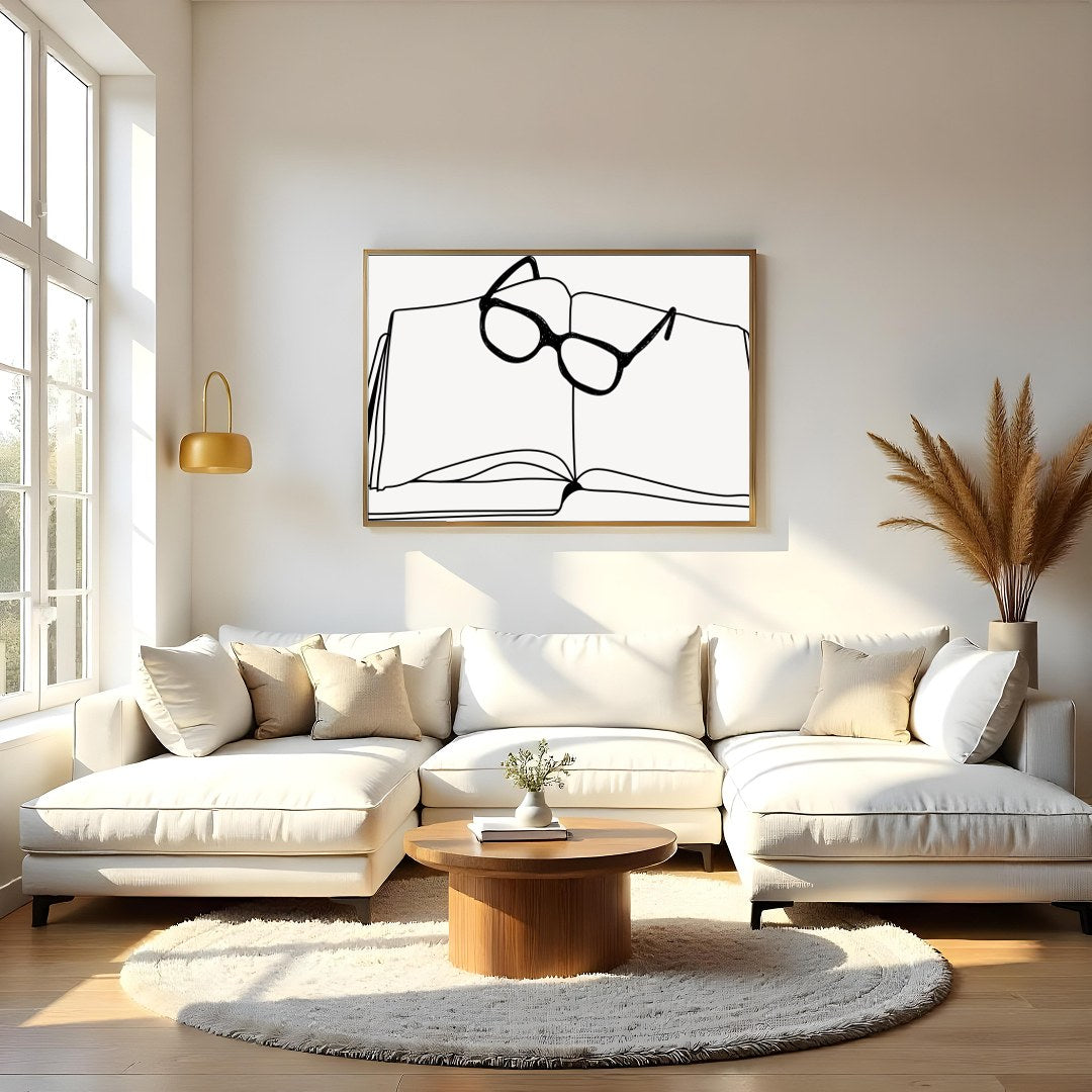 Embrace the intellectual elegance of this minimalist sketch featuring an open book adorned with for Living Room